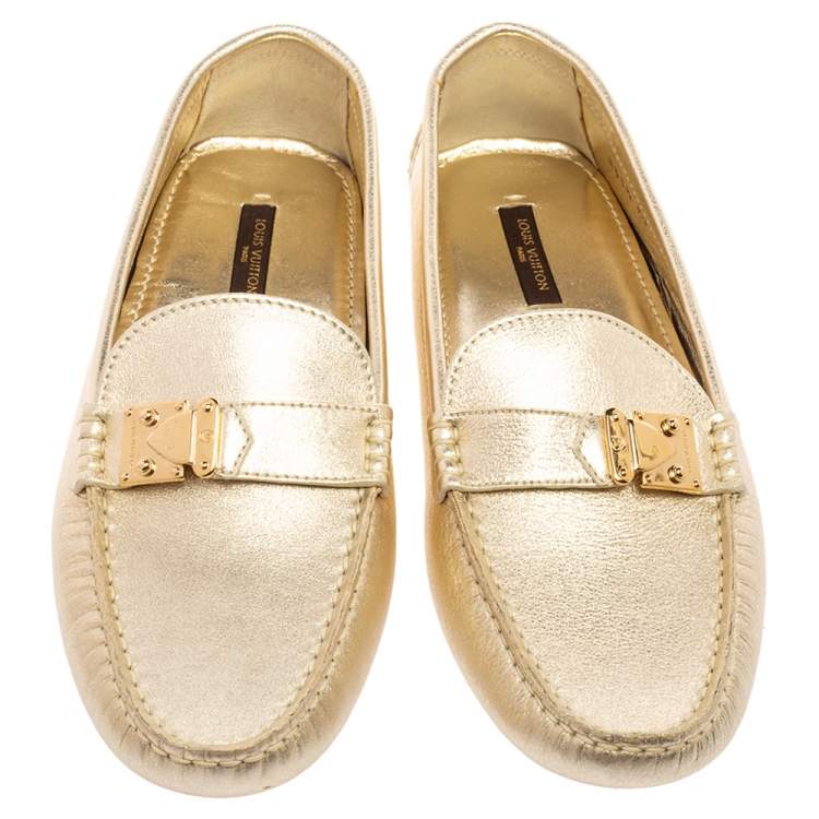 Pre Owned Louis Vuitton Gold Leather Lombok Driver Loafers Size 37.5 