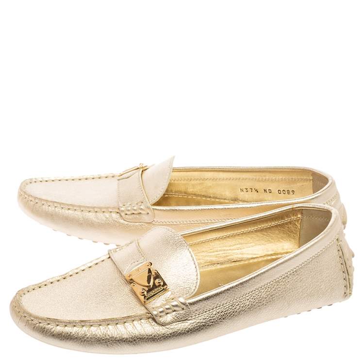 Pre Owned Louis Vuitton Gold Leather Lombok Driver Loafers Size 37.5 