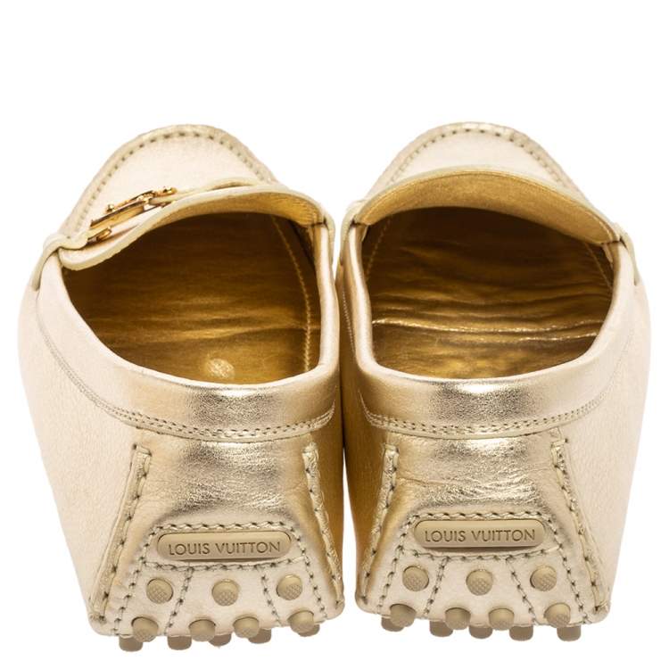 Pre Owned Louis Vuitton Gold Leather Lombok Driver Loafers Size 37.5 