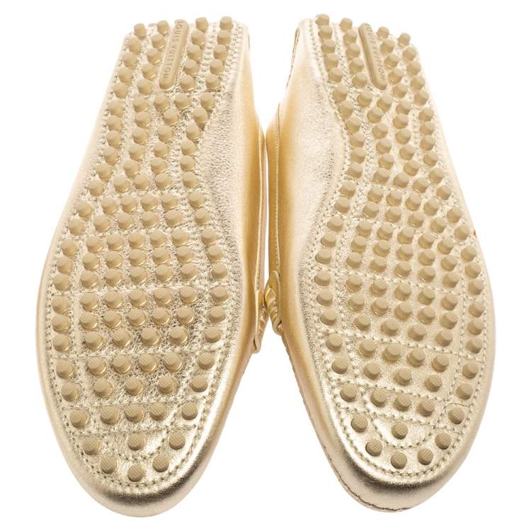 Pre Owned Louis Vuitton Gold Leather Lombok Driver Loafers Size 37.5 