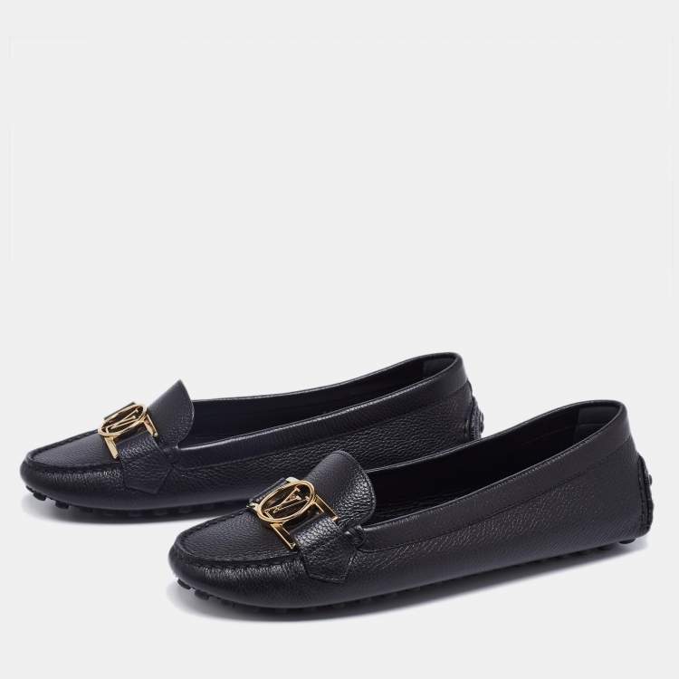 Pre Owned Louis Vuitton Black Leather LV Logo Buckle Loafers Size 38.5