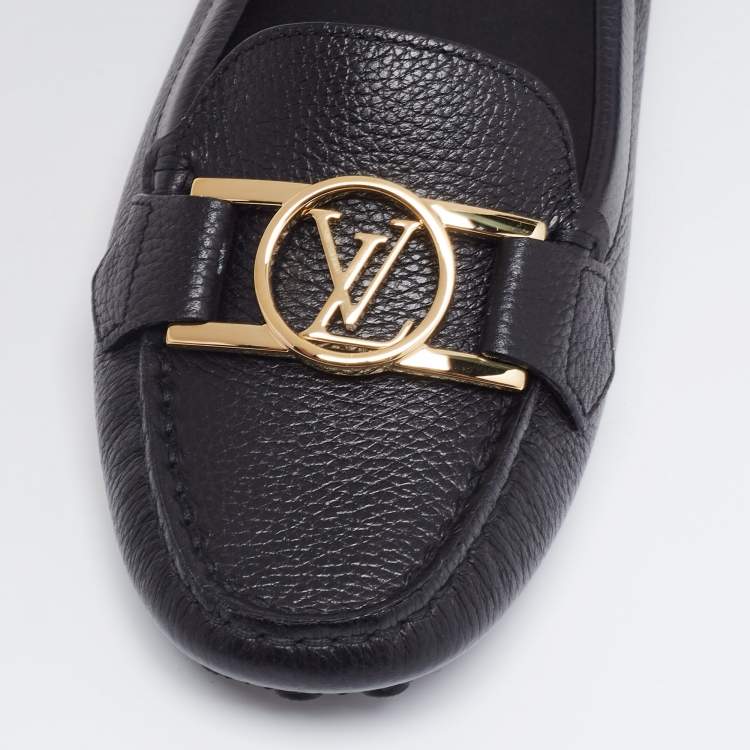 Pre Owned Louis Vuitton Black Leather LV Logo Buckle Loafers Size 38.5