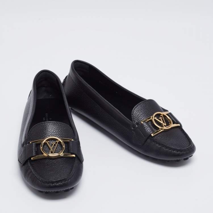 Pre Owned Louis Vuitton Black Leather LV Logo Buckle Loafers Size 38.5