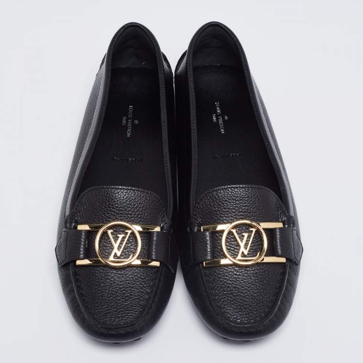 Pre Owned Louis Vuitton Black Leather LV Logo Buckle Loafers Size 38.5
