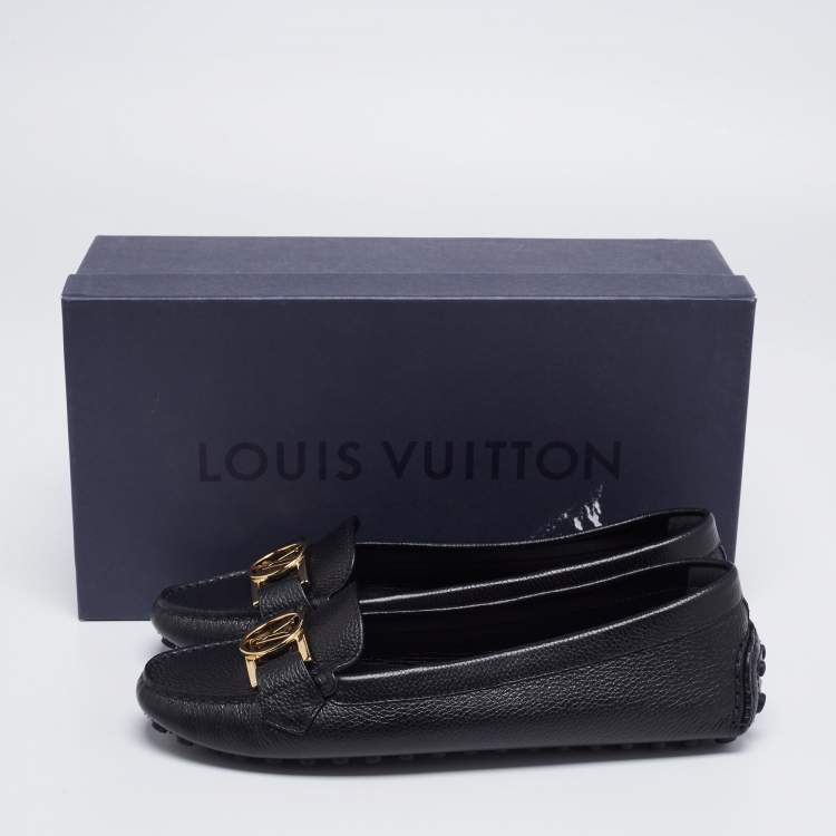 Pre Owned Louis Vuitton Black Leather LV Logo Buckle Loafers Size 38.5