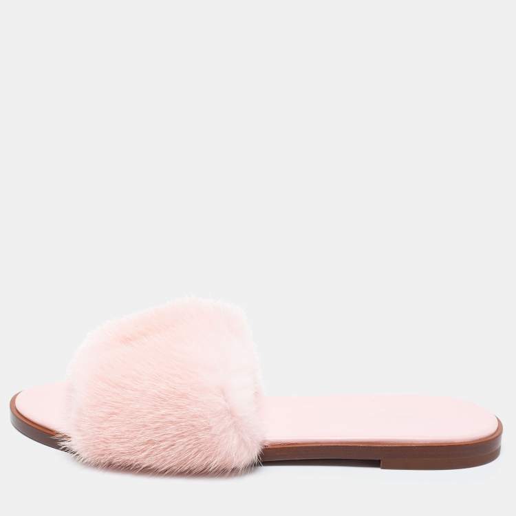 Louis Vuitton Pink Mink Fur Lock It Flat Slides Size 38 Louis Vuitton