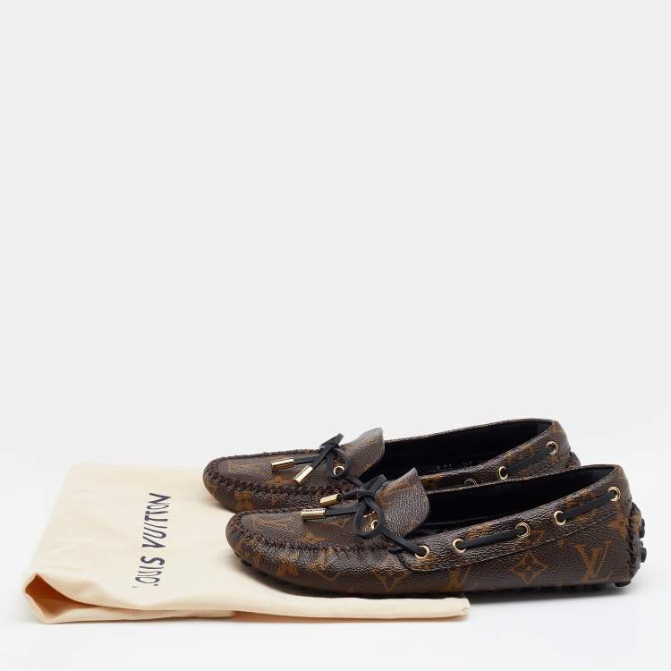 Pre Owned Louis Vuitton Brown Monogram Canvas Gloria Bow Slip On Loafers Size 36
