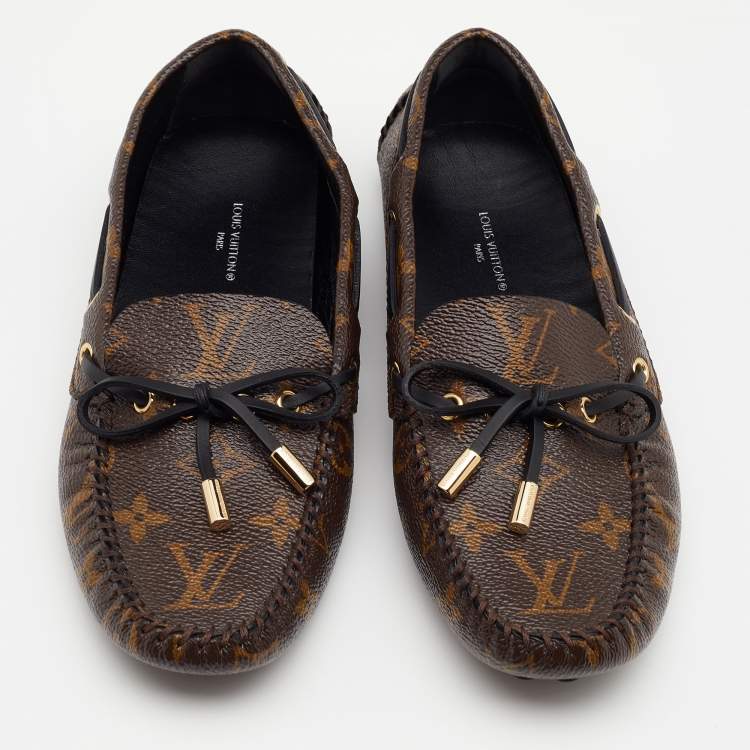 Pre Owned Louis Vuitton Brown Monogram Canvas Gloria Bow Slip On Loafers Size 36
