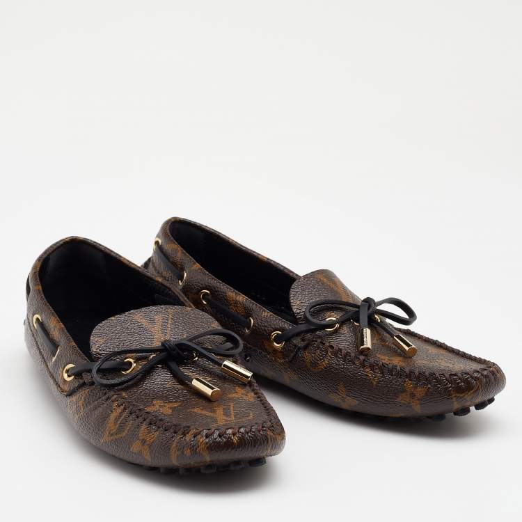 Pre Owned Louis Vuitton Brown Monogram Canvas Gloria Bow Slip On Loafers Size 36