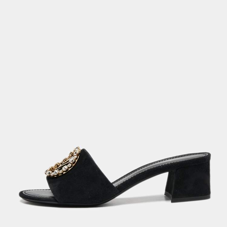 Louis Vuitton Black Leather Block Heel Slide Sandals Size 38 Louis Vuitton
