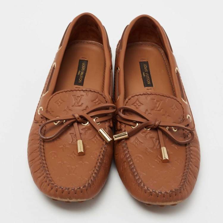 Pre Owned Louis Vuitton Brown Monogram Empreinte Leather Gloria Slip On Loafers Size 37