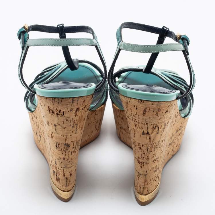 Pre Owned Louis Vuitton Tri Color Patent Leather T-Strap Cork Wedge Platform Sandals Size 37