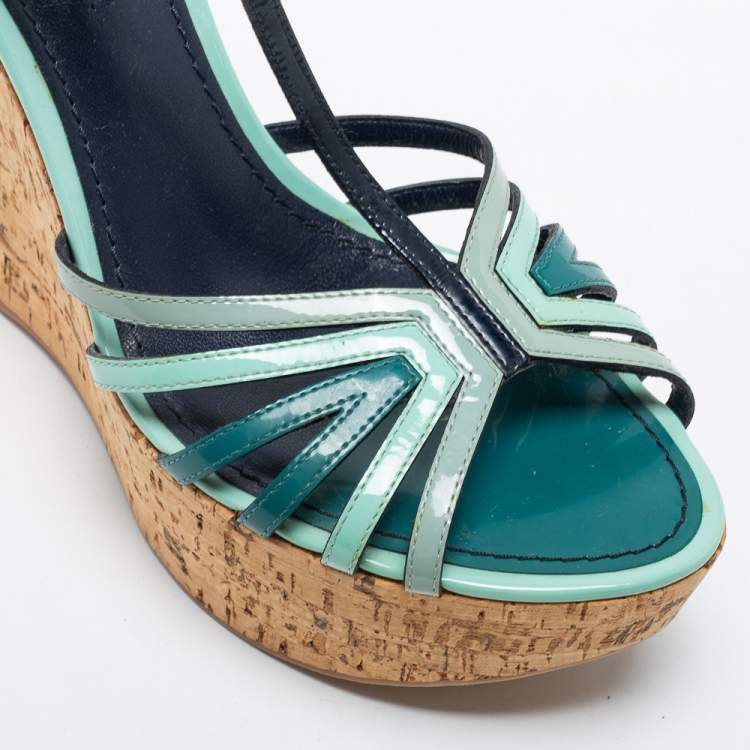 Pre Owned Louis Vuitton Tri Color Patent Leather T-Strap Cork Wedge Platform Sandals Size 37