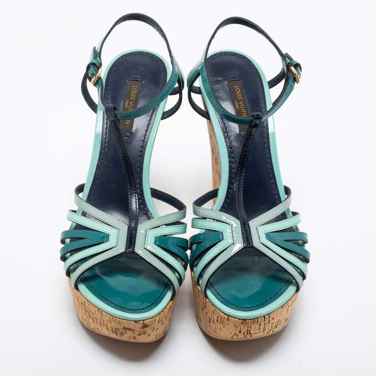 Pre Owned Louis Vuitton Tri Color Patent Leather T-Strap Cork Wedge Platform Sandals Size 37