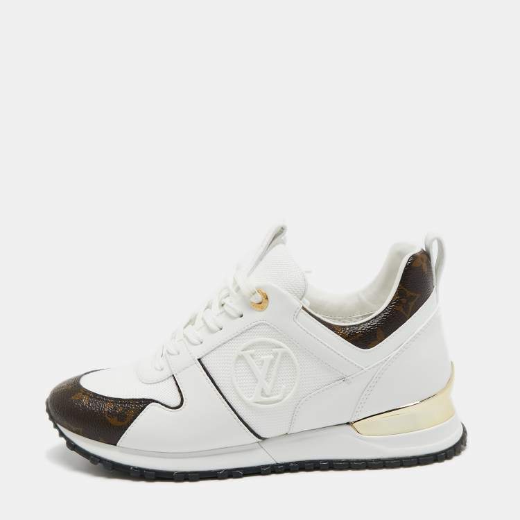 Pre Owned Louis Vuitton White/Monogram Canvas and Leather Run Away Sneakers Size 38