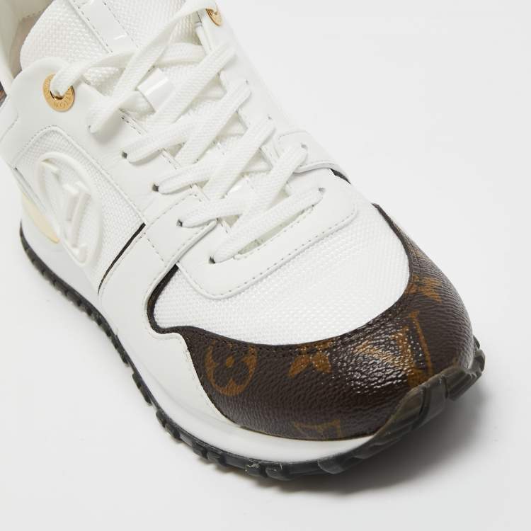 Pre Owned Louis Vuitton White/Monogram Canvas and Leather Run Away Sneakers Size 38
