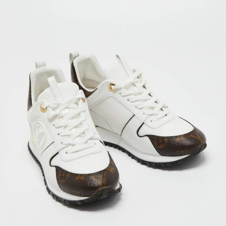 Pre Owned Louis Vuitton White/Monogram Canvas and Leather Run Away Sneakers Size 38