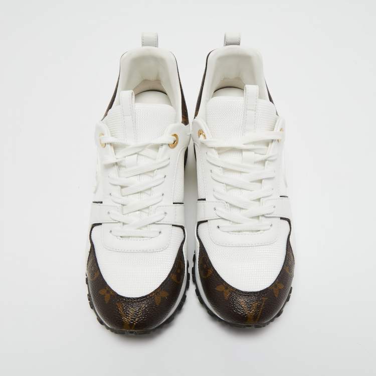 Pre Owned Louis Vuitton White/Monogram Canvas and Leather Run Away Sneakers Size 38