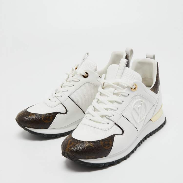 Pre Owned Louis Vuitton White/Monogram Canvas and Leather Run Away Sneakers Size 38