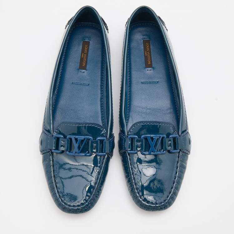 Pre Owned Louis Vuitton Navy Blue Patent Leather Oxford Slip On Loafers Size 39.5