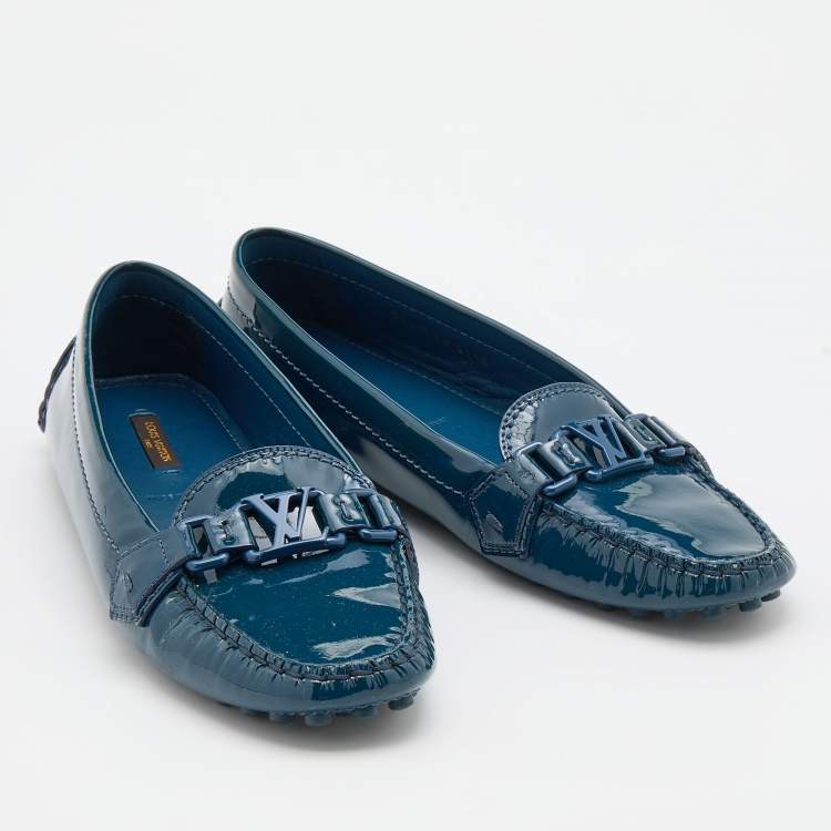 Pre Owned Louis Vuitton Navy Blue Patent Leather Oxford Slip On Loafers Size 39.5