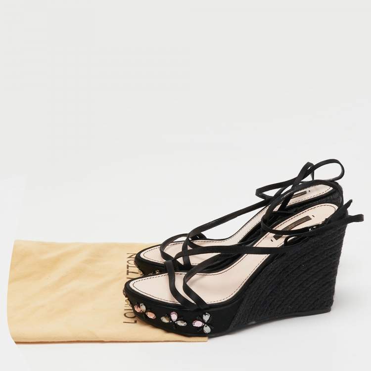 Pre Owned Louis Vuitton Black Satin Crystal Embellished Platform Espadrille Sandals Size 39.5