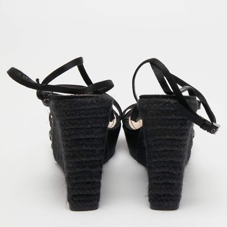 Pre Owned Louis Vuitton Black Satin Crystal Embellished Platform Espadrille Sandals Size 39.5