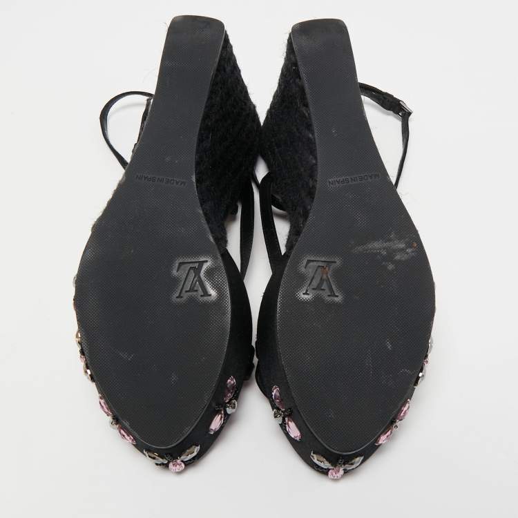 Pre Owned Louis Vuitton Black Satin Crystal Embellished Platform Espadrille Sandals Size 39.5