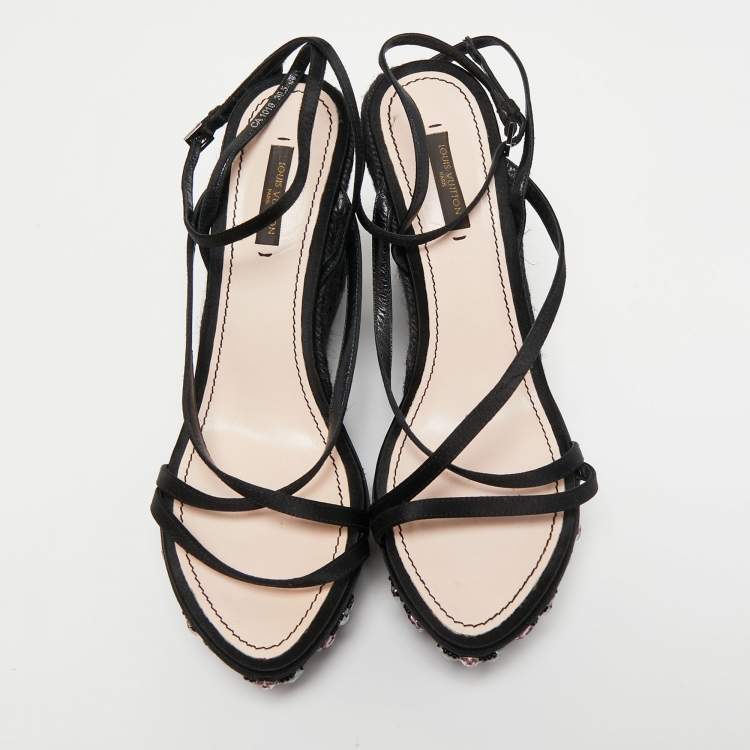 Pre Owned Louis Vuitton Black Satin Crystal Embellished Platform Espadrille Sandals Size 39.5