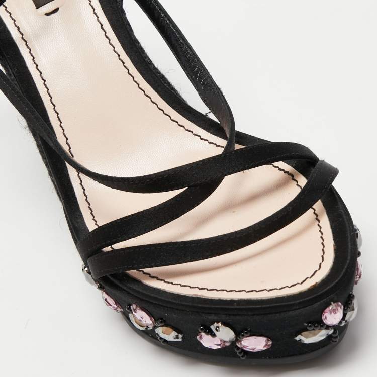 Pre Owned Louis Vuitton Black Satin Crystal Embellished Platform Espadrille Sandals Size 39.5
