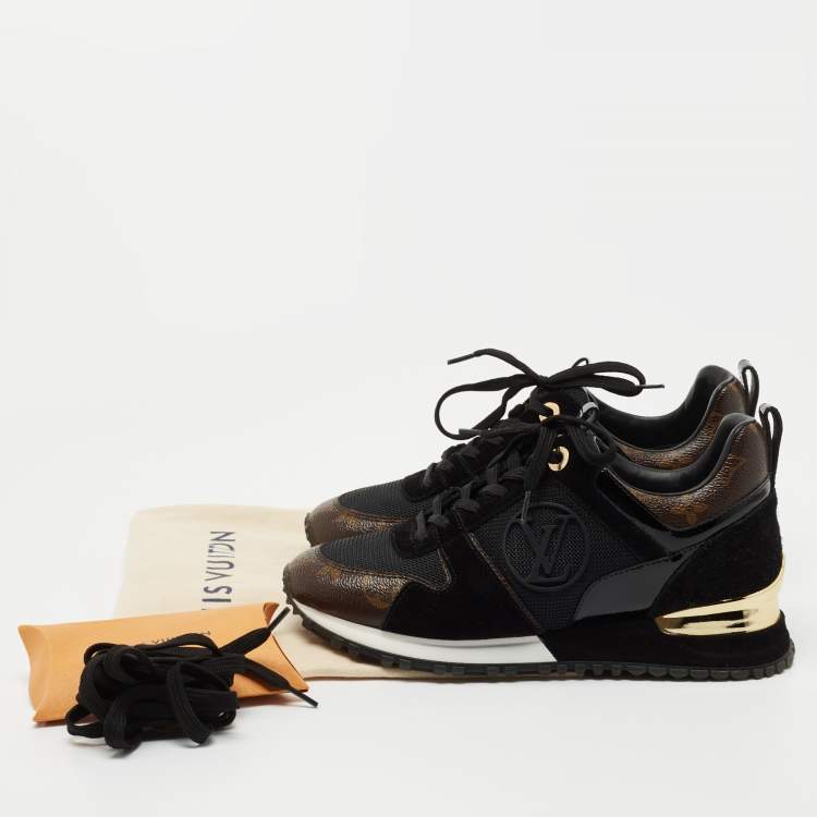 Pre Owned Louis Vuitton Black/Brown Mesh, Suede and Monogram Canvas Run Away Sneakers Size 36