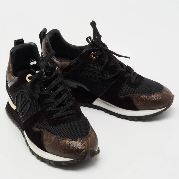 Pre Owned Louis Vuitton Black/Brown Mesh, Suede and Monogram Canvas Run Away Sneakers Size 36
