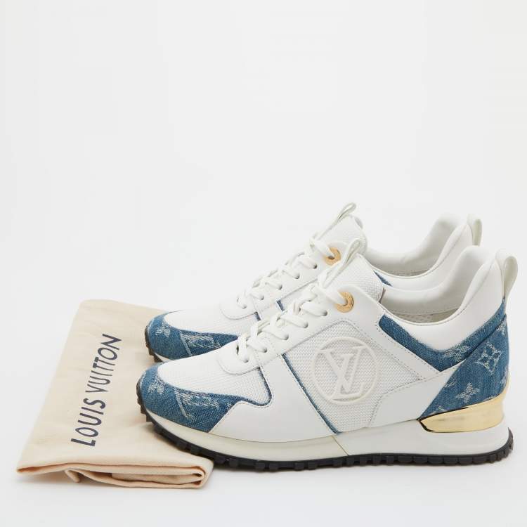 Pre Owned Louis Vuitton White/Blue Monogram Denim, Leather and Mesh Run Away Sneakers Size 35