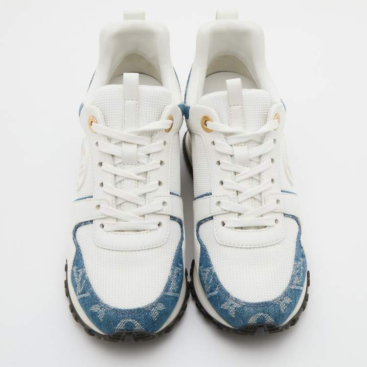 Pre Owned Louis Vuitton White/Blue Monogram Denim, Leather and Mesh Run Away Sneakers Size 35
