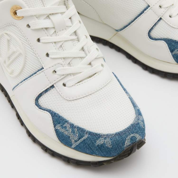 Pre Owned Louis Vuitton White/Blue Monogram Denim, Leather and Mesh Run Away Sneakers Size 35