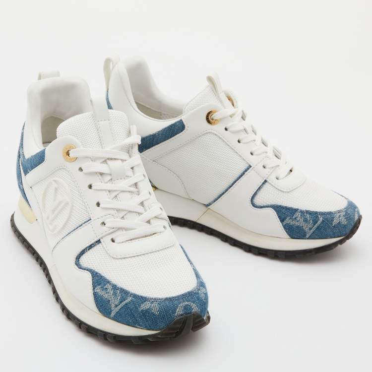 Pre Owned Louis Vuitton White/Blue Monogram Denim, Leather and Mesh Run Away Sneakers Size 35