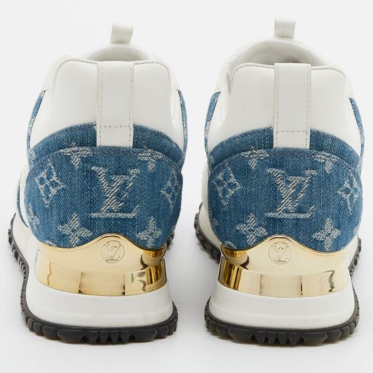 Pre Owned Louis Vuitton White/Blue Monogram Denim, Leather and Mesh Run Away Sneakers Size 35