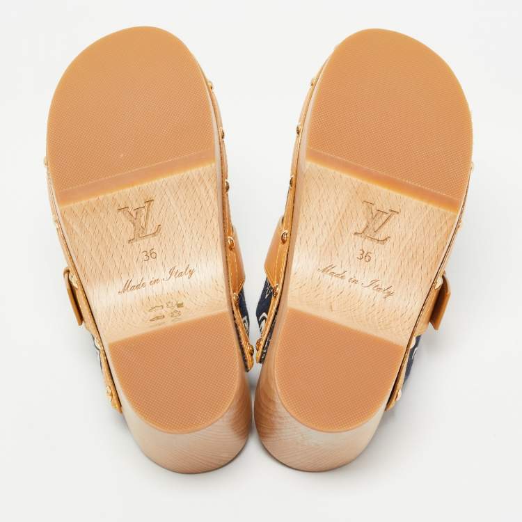 Pre Owned Louis Vuitton Navy Blue/Tan Printed Canvas and Leather Cottage Clog Mules Size 36