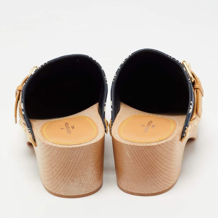 Pre Owned Louis Vuitton Navy Blue/Tan Printed Canvas and Leather Cottage Clog Mules Size 36