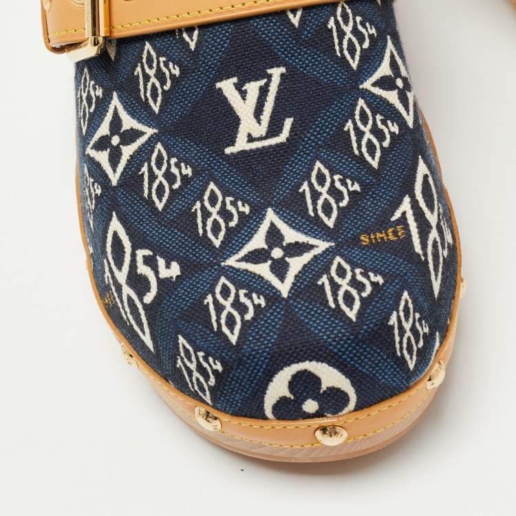 Pre Owned Louis Vuitton Navy Blue/Tan Printed Canvas and Leather Cottage Clog Mules Size 36