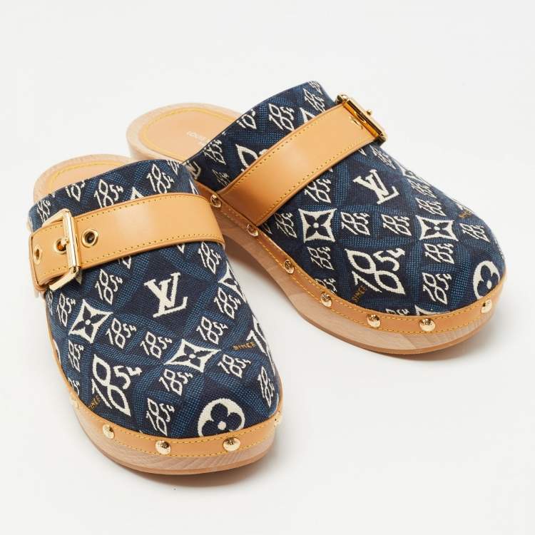 Pre Owned Louis Vuitton Navy Blue/Tan Printed Canvas and Leather Cottage Clog Mules Size 36