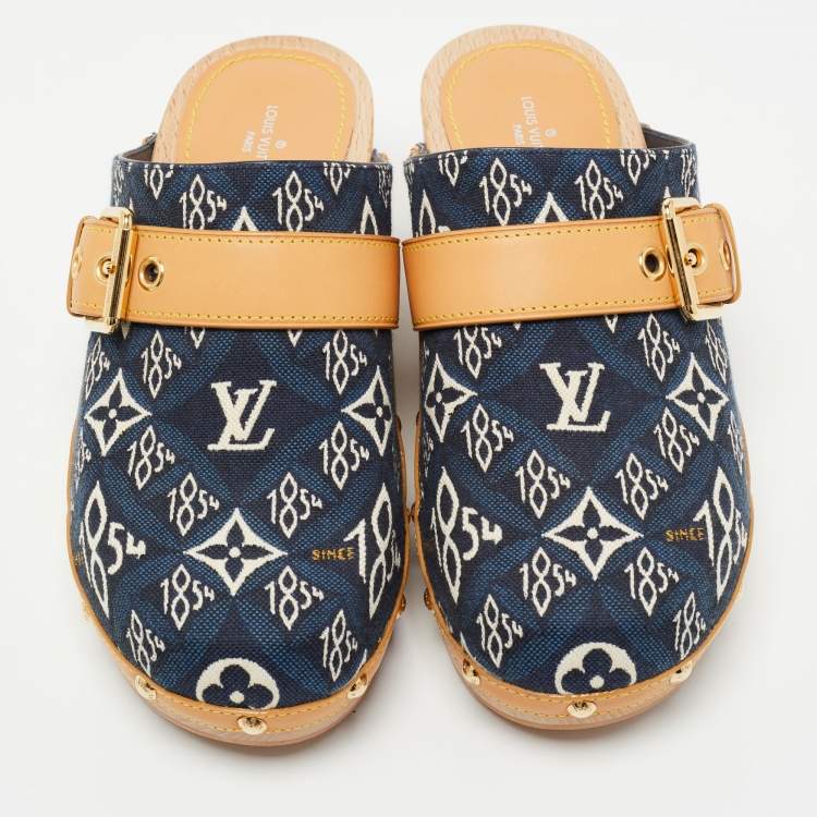 Pre Owned Louis Vuitton Navy Blue/Tan Printed Canvas and Leather Cottage Clog Mules Size 36