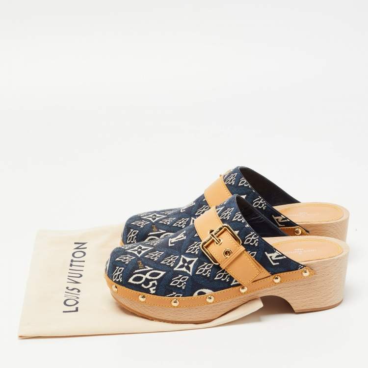 Pre Owned Louis Vuitton Navy Blue/Tan Printed Canvas and Leather Cottage Clog Mules Size 36