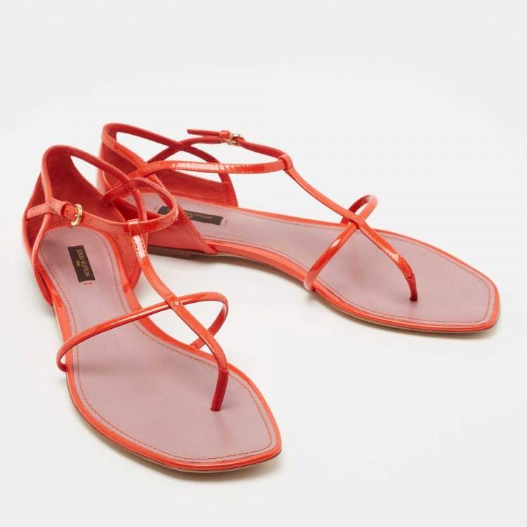 Pre Owned Louis Vuitton Orange Patent Leather Strappy Thong Flat Sandals Size 40.5