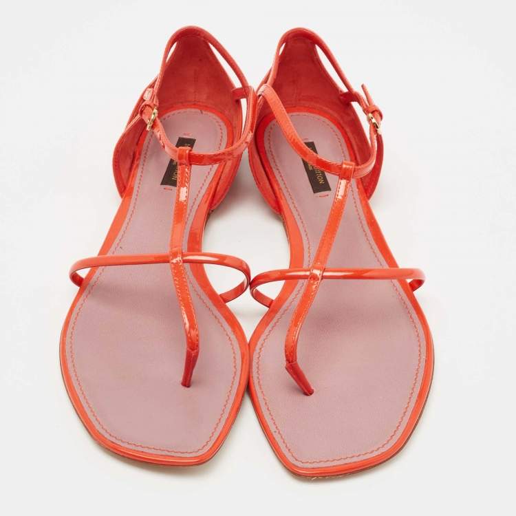 Pre Owned Louis Vuitton Orange Patent Leather Strappy Thong Flat Sandals Size 40.5