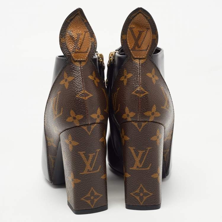 Pre Owned Louis Vuitton Black/Brown Monogram Canvas and Leather Rodeo Queen Ankle Boots Size 36