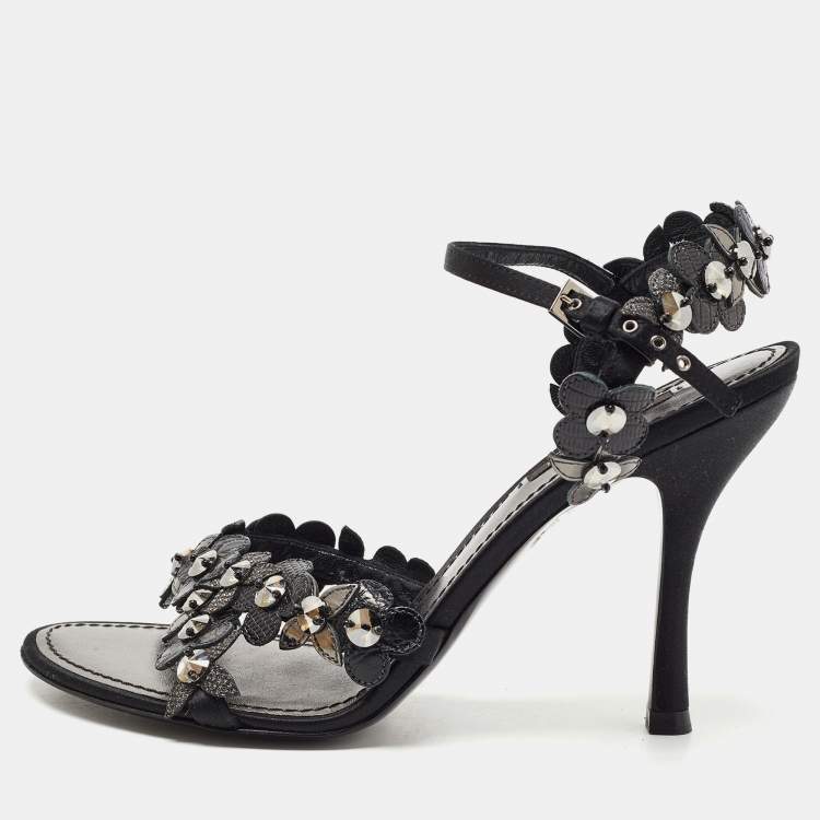 Louis Vuitton Satin and Leather Flower Applique Strap Sandals Size