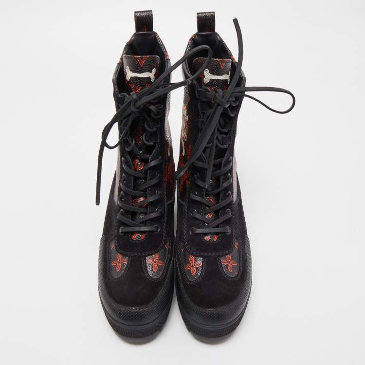 Pre Owned Louis Vuitton Brown/Black Suede And Coated Canvas Laureate Catogram Platform Ankle Boots Size 38