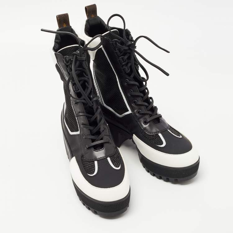 Pre Owned Louis Vuitton Black/White Leather and Mesh Laureate Platform Desert Boots Size 40