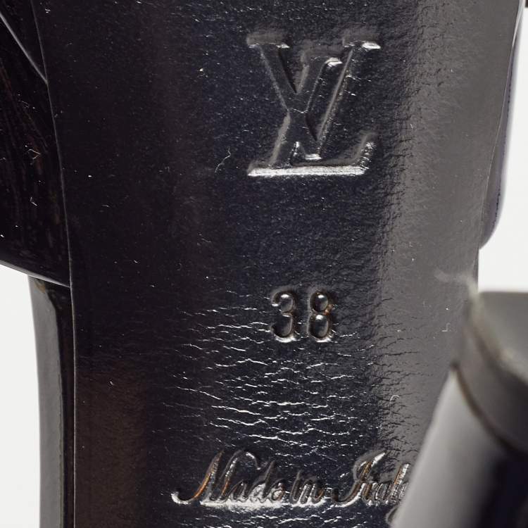 Pre Owned Louis Vuitton Black Patent Leather Bow Peep Toe Platform Slingback Sandals Size 38